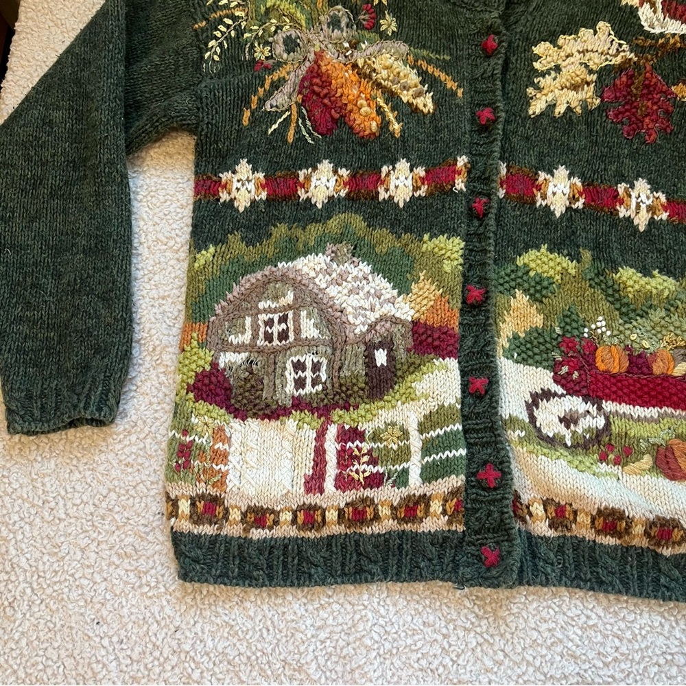 Vintage ‘98 Heirloom Collectables Sweater Fall Harvest Cardigan Cottagecore Barn - Picture 2 of 10